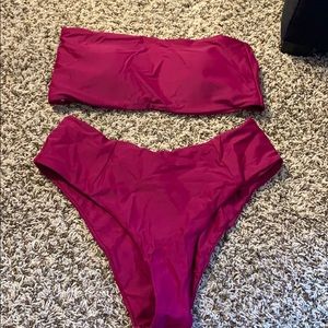Dark pink strapless high waisted baiting suit